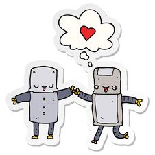 Cartoon Robots In Love And Thought Bubble As A Printed Sticker Royalty Free Stock Photography