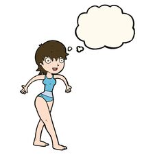 Cartoon Happy Woman In Swimming Costume With Thought Bubble Stock Image