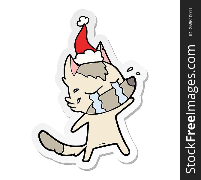 hand drawn sticker cartoon of a crying wolf wearing santa hat