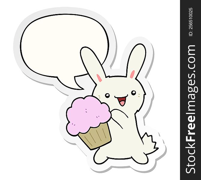 cute cartoon rabbit with muffin with speech bubble sticker. cute cartoon rabbit with muffin with speech bubble sticker