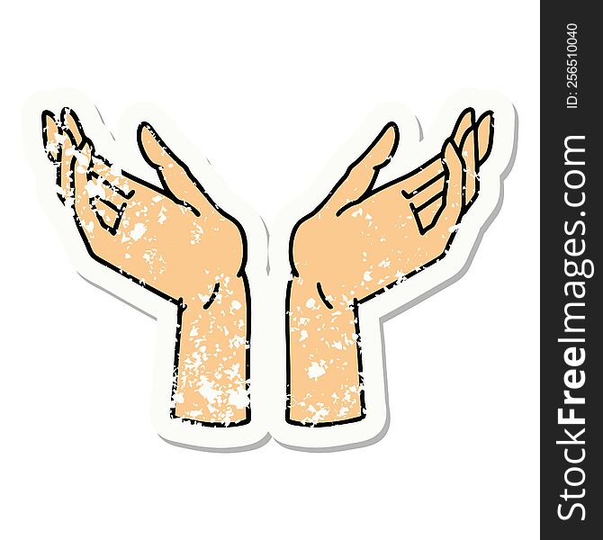 distressed sticker tattoo in traditional style of open hands. distressed sticker tattoo in traditional style of open hands