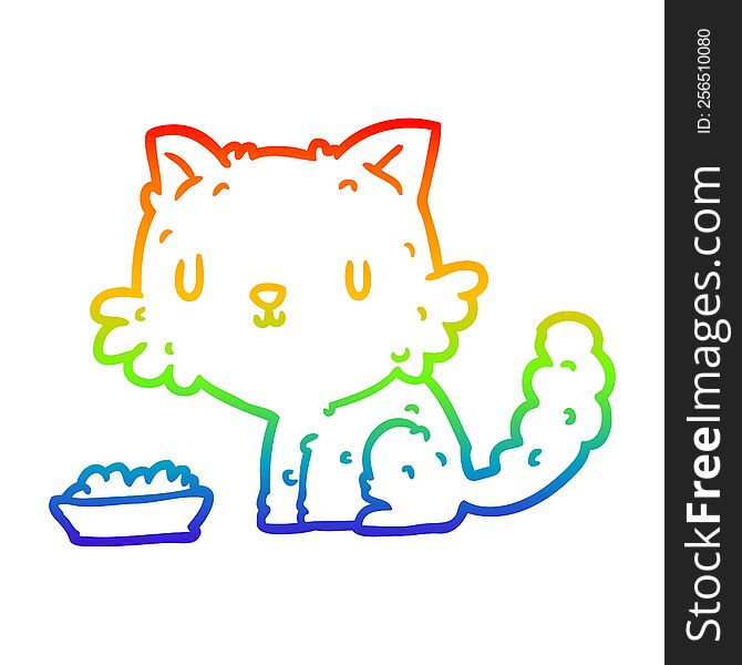 Rainbow Gradient Line Drawing Cute Cartoon Cat And Food