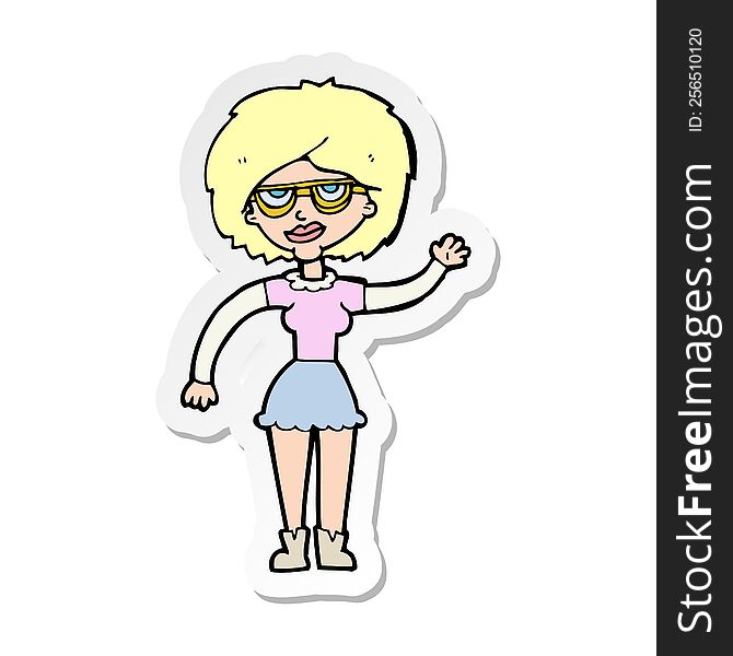 Sticker Of A Cartoon Waving Woman Wearing Spectacles