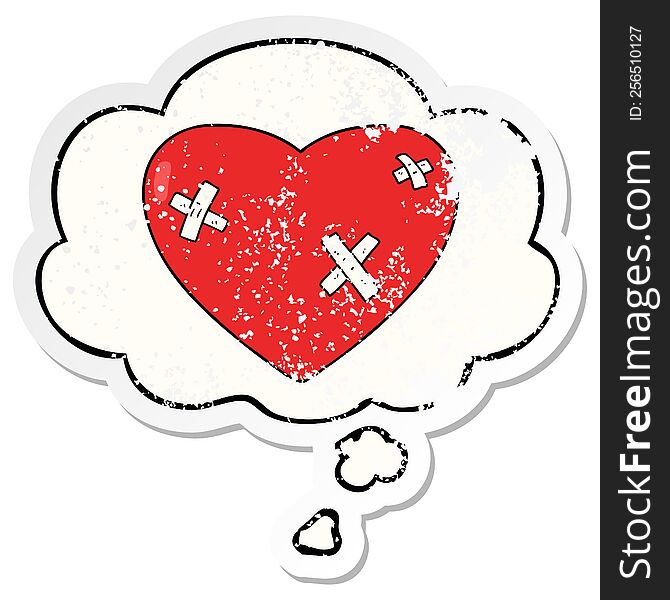 cartoon beaten up heart with thought bubble as a distressed worn sticker