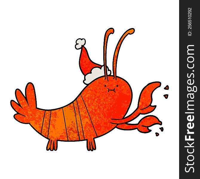 hand drawn textured cartoon of a lobster wearing santa hat