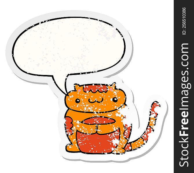 Cute Cartoon Cat And Speech Bubble Distressed Sticker