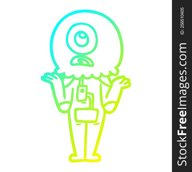 cold gradient line drawing of a cartoon cyclops alien spaceman shrugging shoulders