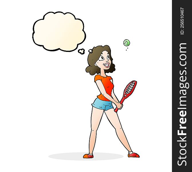 cartoon woman playing tennis with thought bubble