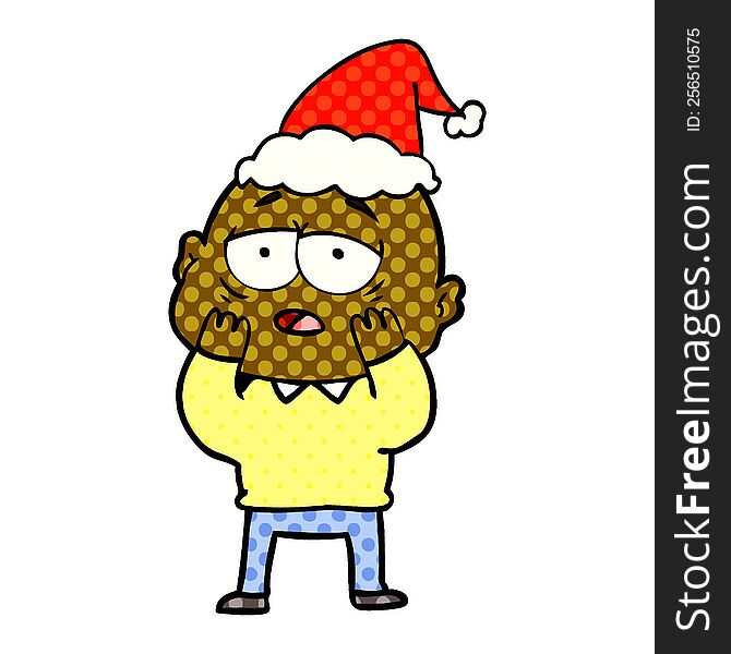 hand drawn comic book style illustration of a tired bald man wearing santa hat