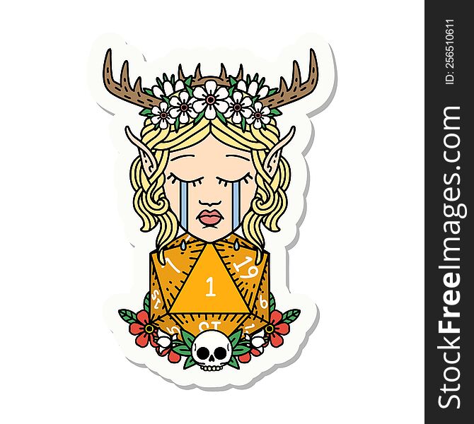 sticker of a crying elf druid character face with natural one D20 roll. sticker of a crying elf druid character face with natural one D20 roll