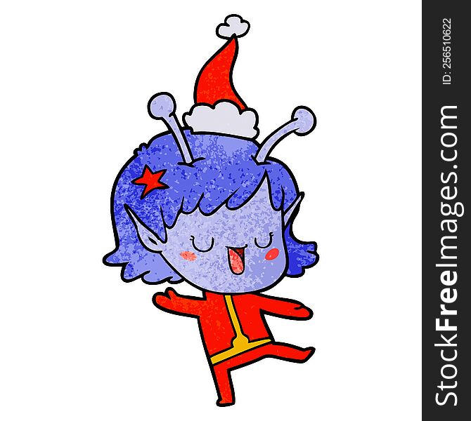 Happy Alien Girl Textured Cartoon Of A Wearing Santa Hat