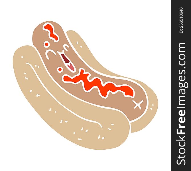 cartoon doodle hotdog in bun with ketchup
