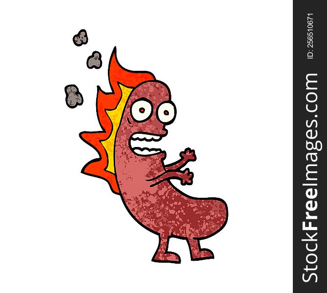 grunge textured illustration cartoon flaming hotdog