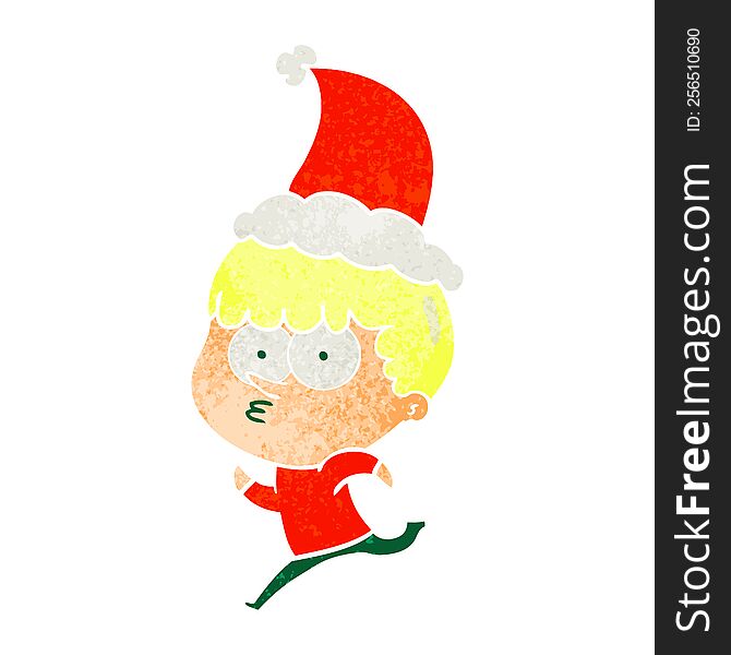 hand drawn retro cartoon of a curious boy running wearing santa hat
