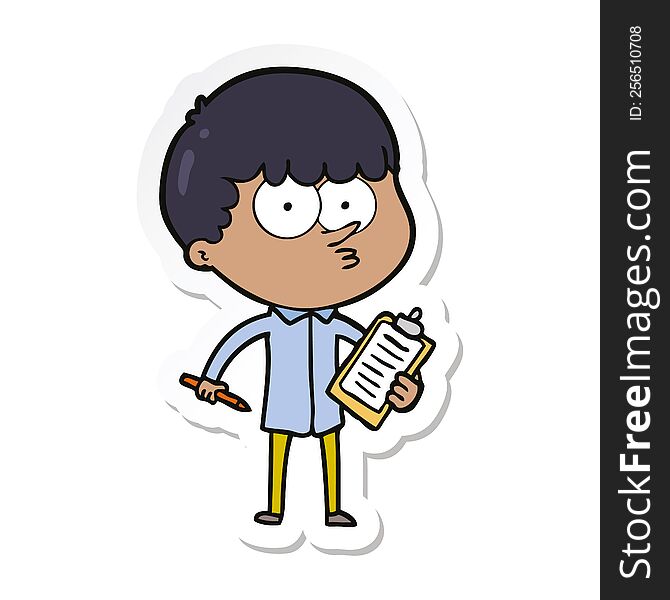 sticker of a cartoon curious boy taking notes