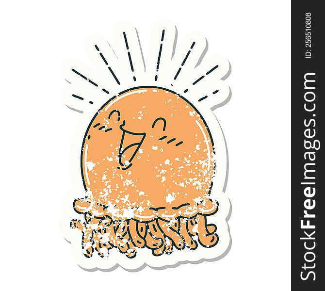worn old sticker of a tattoo style happy jellyfish. worn old sticker of a tattoo style happy jellyfish
