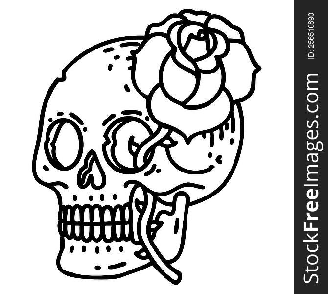 black line tattoo of a skull and rose