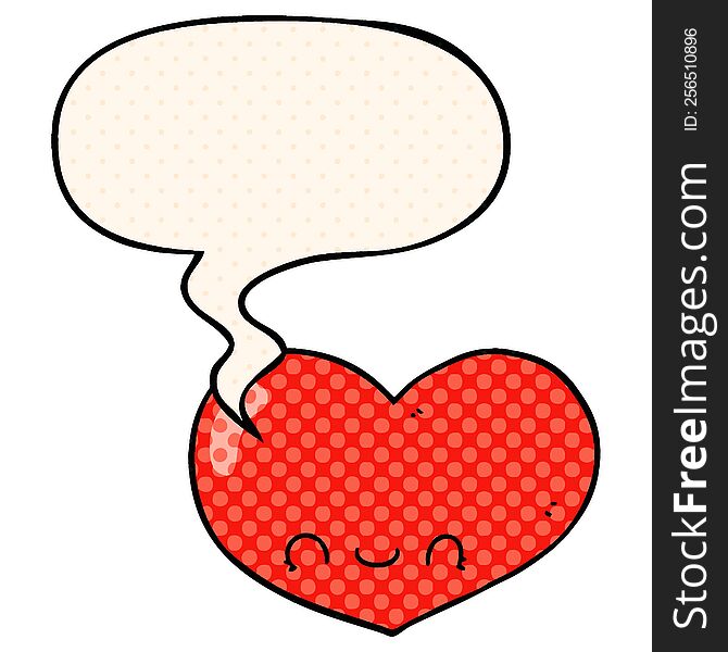 cartoon love heart character with speech bubble in comic book style