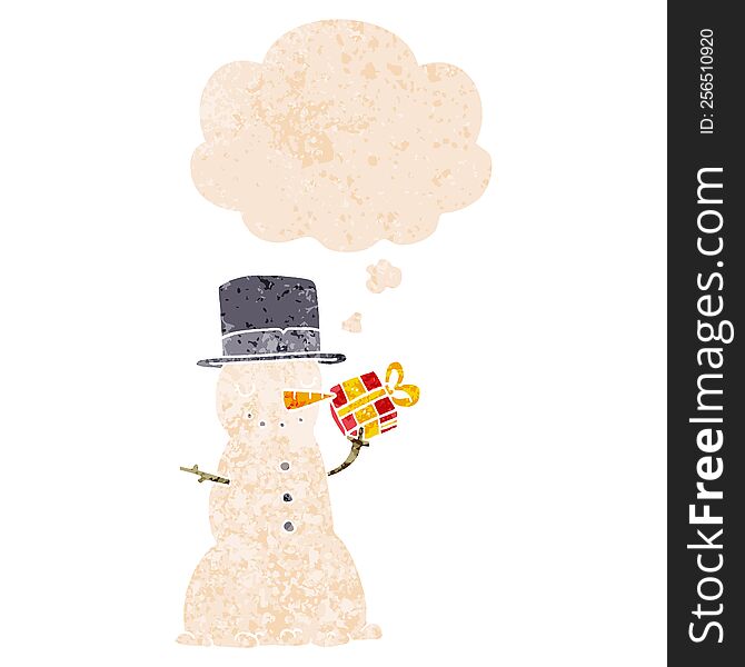 cartoon christmas snowman and thought bubble in retro textured style