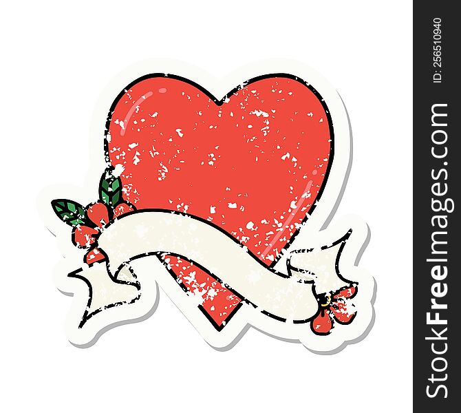 worn old sticker with banner of a heart. worn old sticker with banner of a heart