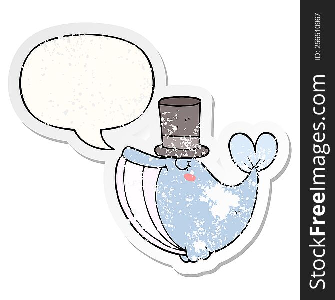 Cartoon Whale And Top Hat And Speech Bubble Distressed Sticker
