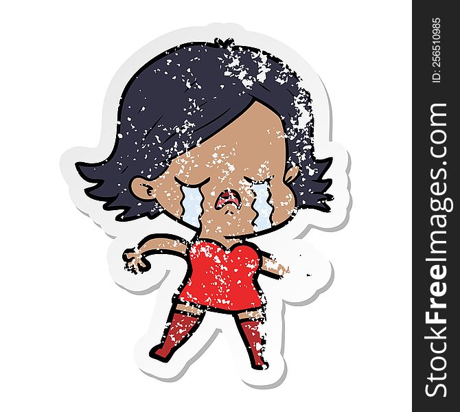 Distressed Sticker Of A Cartoon Girl Crying And Pointing