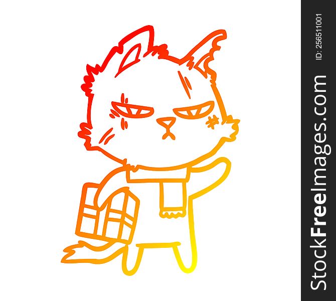 Warm Gradient Line Drawing Tough Cartoon Cat With Christmas Present