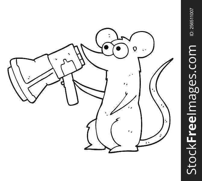 freehand drawn black and white cartoon mouse with megaphone