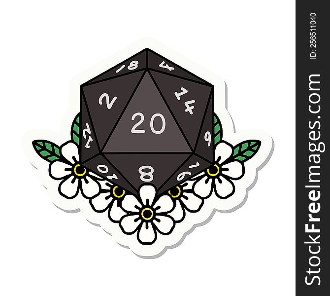 sticker of a natural 20 D20 dice roll with floral elements. sticker of a natural 20 D20 dice roll with floral elements