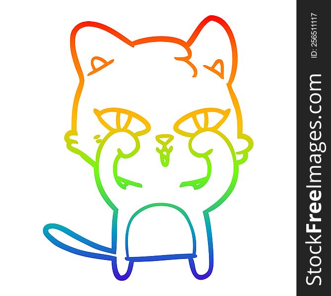 Rainbow Gradient Line Drawing Cartoon Cat Rubbing Eyes