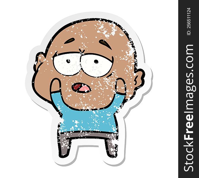 Distressed Sticker Of A Cartoon Tired Bald Man