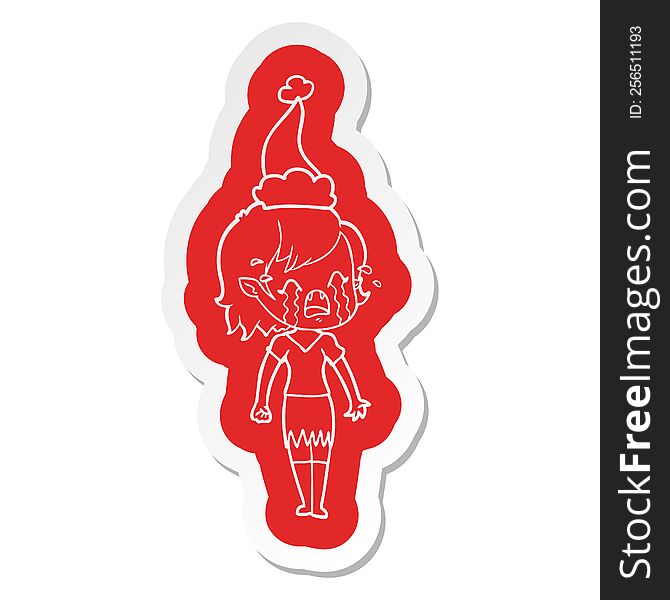 Cartoon  Sticker Of A Crying Vampire Girl Wearing Santa Hat