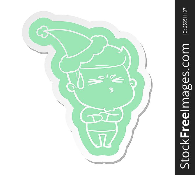 quirky cartoon  sticker of a frustrated man wearing santa hat