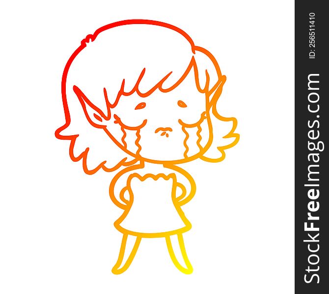 Warm Gradient Line Drawing Crying Cartoon Elf Girl