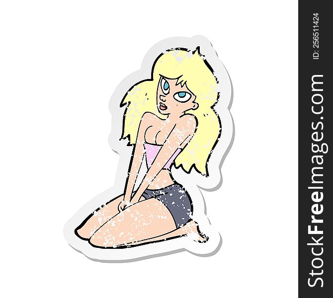 Retro Distressed Sticker Of A Cartoon Woman In Skimpy Clothing