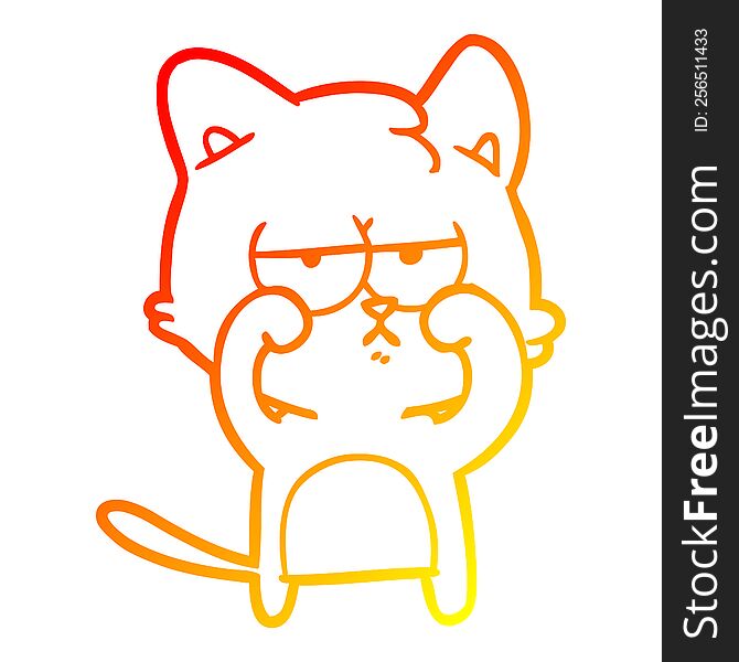 Warm Gradient Line Drawing Tired Cartoon Cat Rubbing Eyes