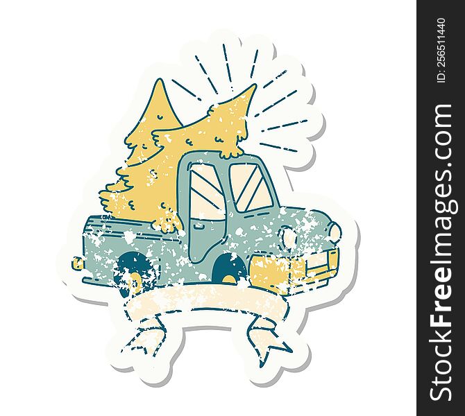 worn old sticker of a tattoo style truck carrying trees. worn old sticker of a tattoo style truck carrying trees