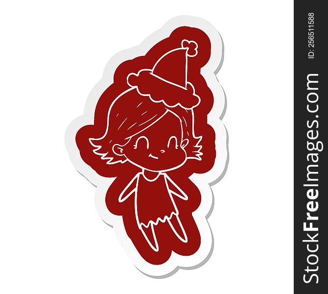 cartoon  sticker of a friendly girl wearing santa hat