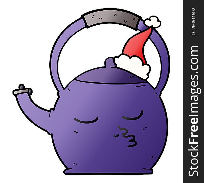 hand drawn gradient cartoon of a kettle wearing santa hat