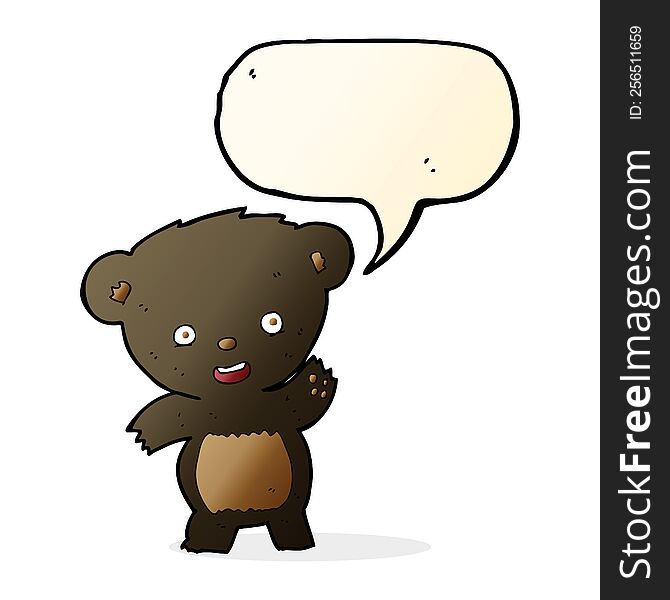 cartoon waving black bear with speech bubble