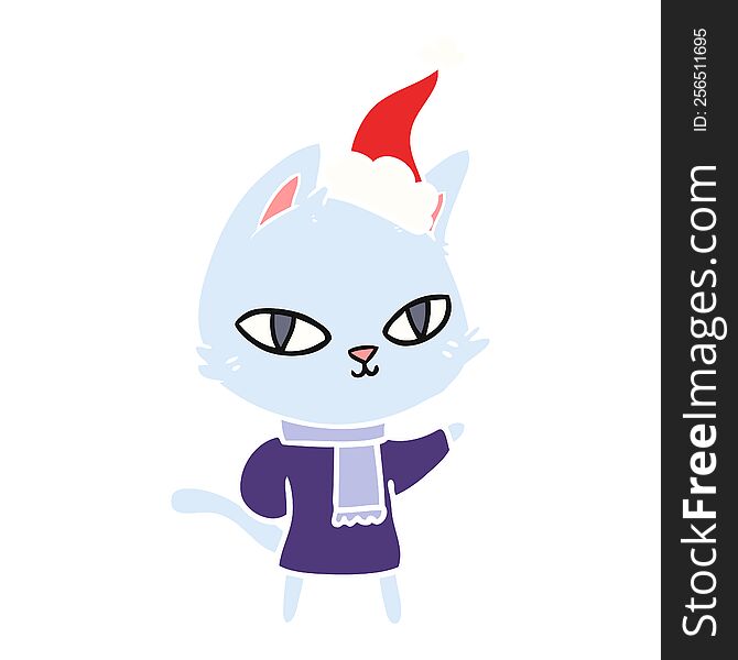 Flat Color Illustration Of A Cat Staring Wearing Santa Hat