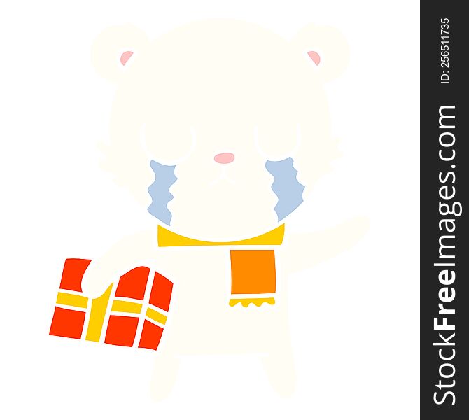 Crying Polar Bear Flat Color Style Cartoon With Christmas Gift