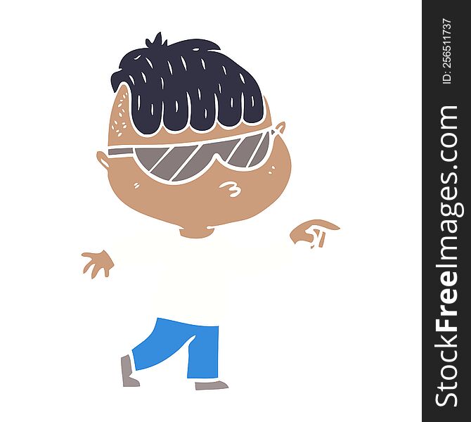 flat color style cartoon boy wearing sunglasses pointing
