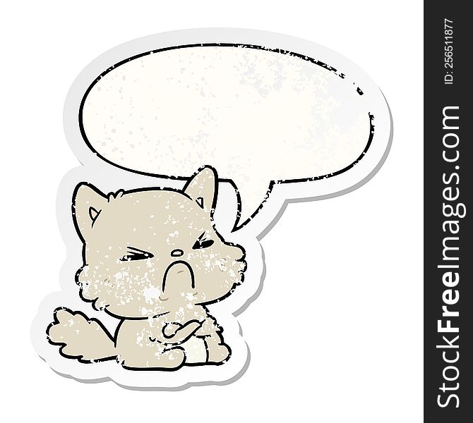 cute cartoon angry cat with speech bubble distressed distressed old sticker. cute cartoon angry cat with speech bubble distressed distressed old sticker