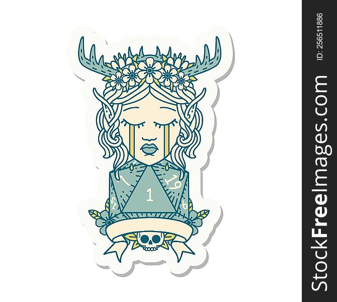 sticker of a sad elf druid character face with natural one D20 roll. sticker of a sad elf druid character face with natural one D20 roll