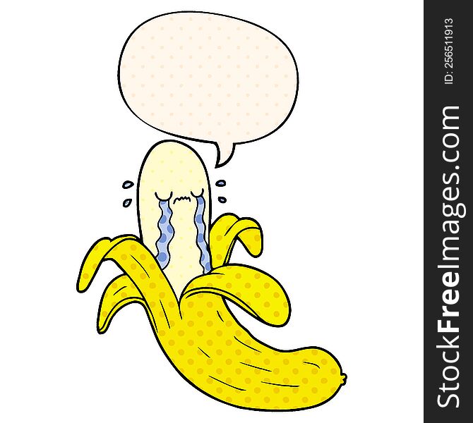 cartoon crying banana with speech bubble in comic book style