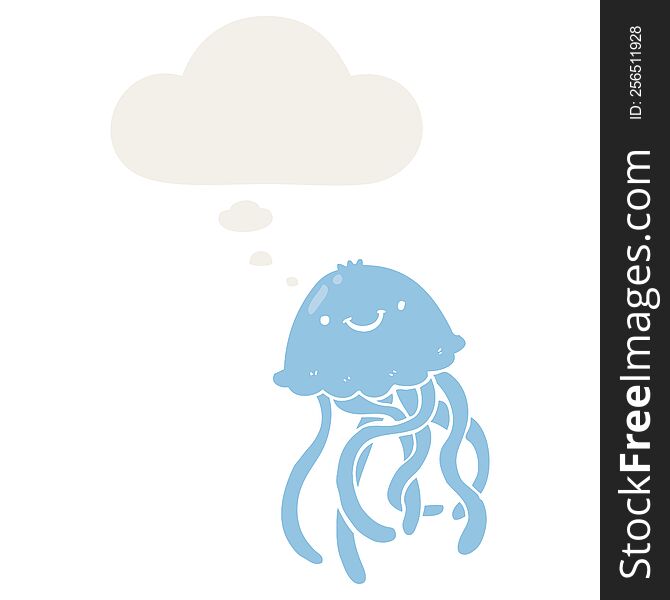 cartoon happy jellyfish with thought bubble in retro style
