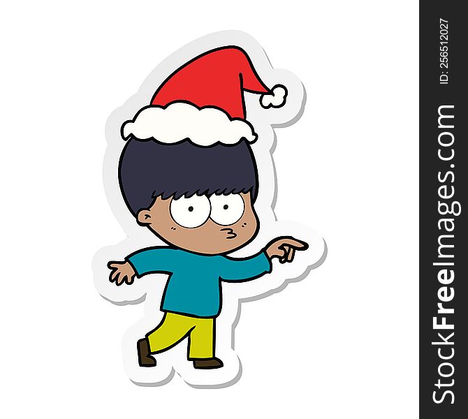 nervous hand drawn sticker cartoon of a boy wearing santa hat. nervous hand drawn sticker cartoon of a boy wearing santa hat