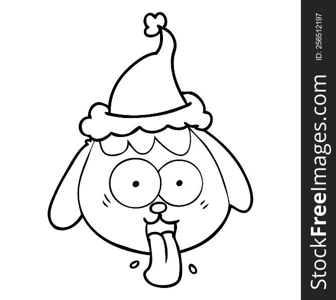 hand drawn line drawing of a dog face panting wearing santa hat