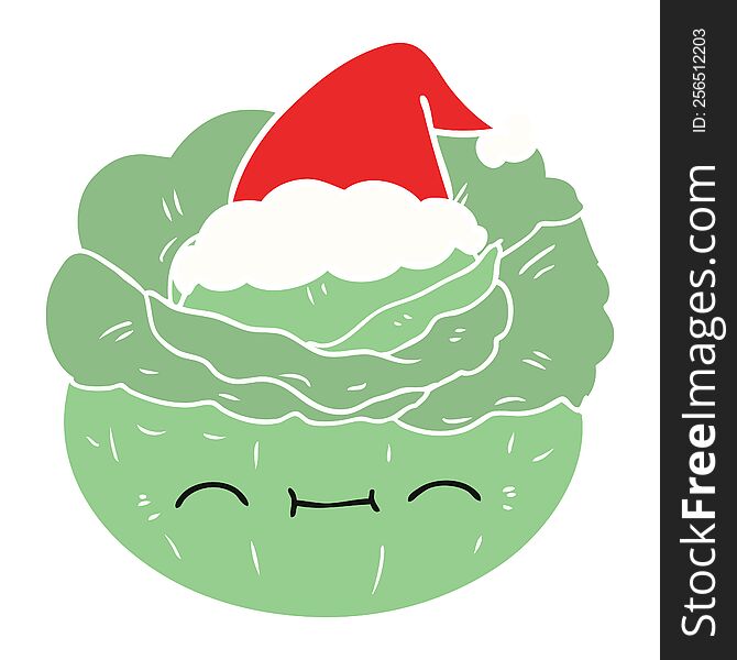 hand drawn flat color illustration of a cabbage wearing santa hat